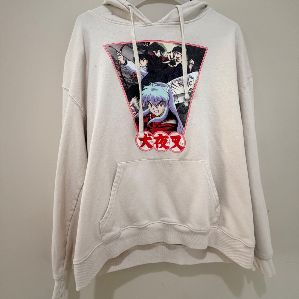 Y2K Inuyasha Hoodie Unisex Large Graphic Cream Anime Streetwear Indie